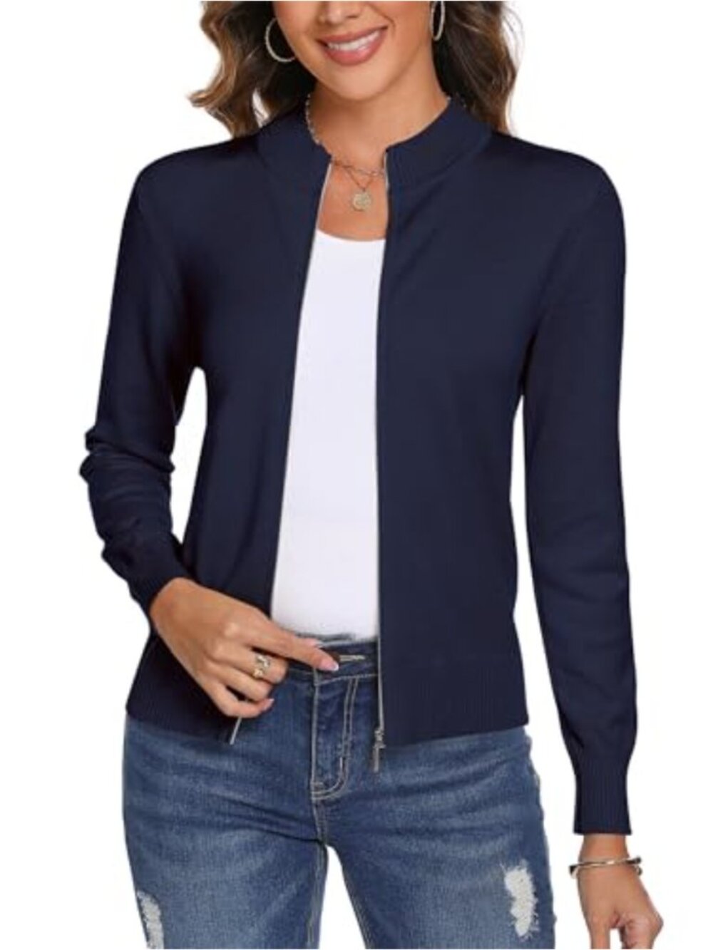 Long Sleeve Knit Zip Up Cardigan Sweater Lightweight Crewneck